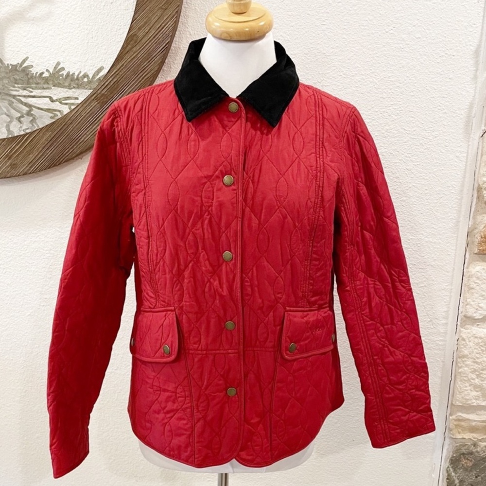Barbour Dress Tartan Plaid Quilted Jacket Red Brown Corduroy Collar 10